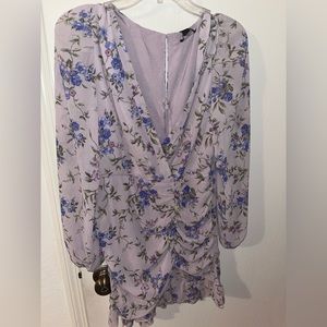 Purple floral v neck ruched dress